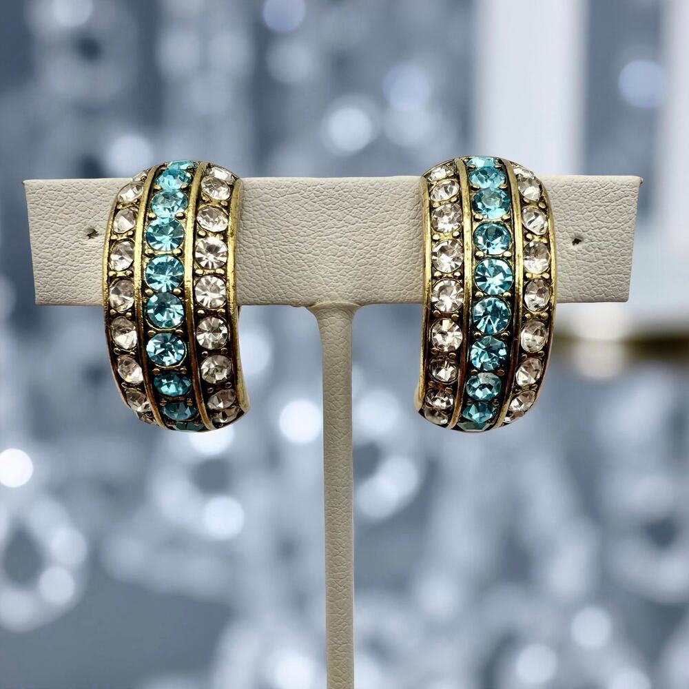 Heidi Daus Aqua Blue & Clear Crystal Half Hoop Clip On Earrings